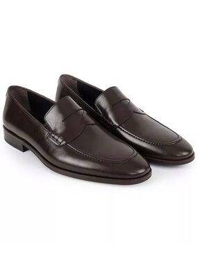 Men's Brown Leather Penny Loafers - Smooth Slip-On Dress Shoes Sizes 44